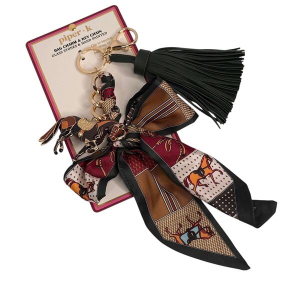 Piper K Horse Bag Charm Crystal Equestrian Scarf Bow Tassel 11.5" Key Ring New - Picture 3 of 8